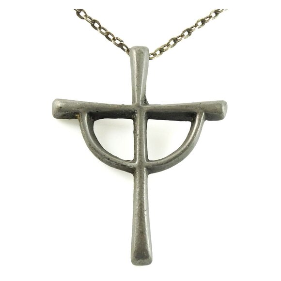 Big Stylized Cross Thick Pewter Vintage Pendant on Long 26" Chain Necklace - Picture 1 of 4